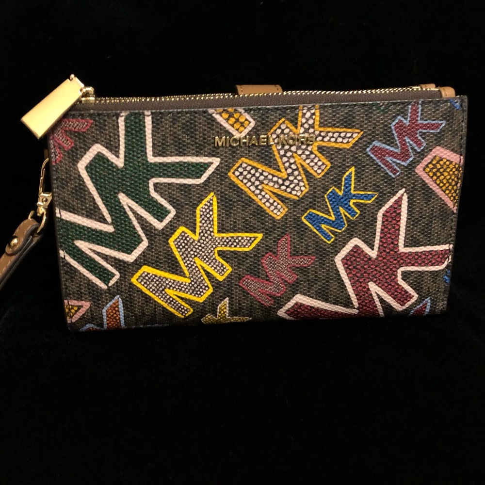 Multicolor MK wristlet.